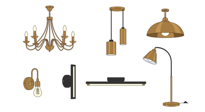 Collection of various brass and black lighting fixtures on white background