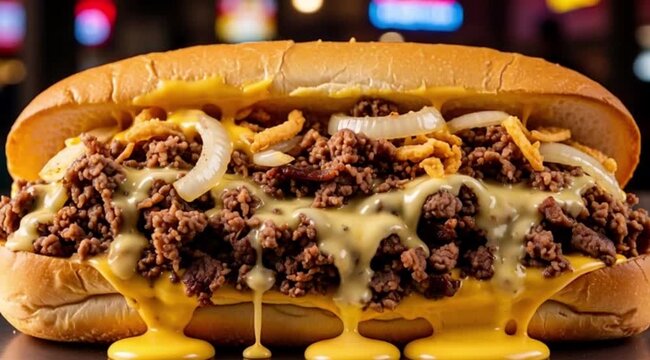 A Philly cheesesteak sandwich, overflowing with thinly sliced ribeye steak, melted Cheez Whiz, and fried onions, on a long hoagie roll