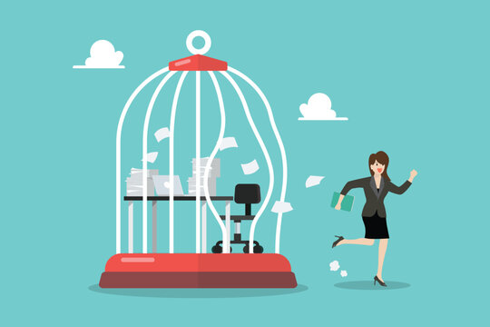 Business woman break free from toxic working desk bird cage