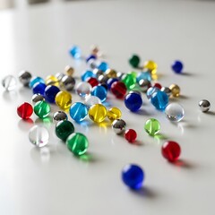 A colorful scattered assortment of shiny reflective glass gems