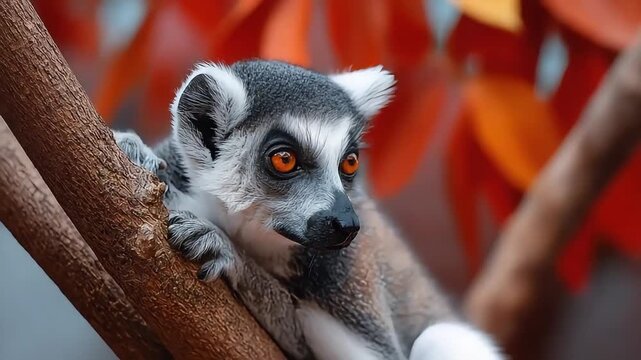 A close-up of an inquisitive lemur gazing intently, perfect for nature-themed content.