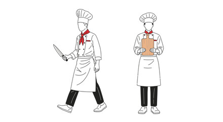 Two Chefs Line Art Illustration with Knife and Cutting Board