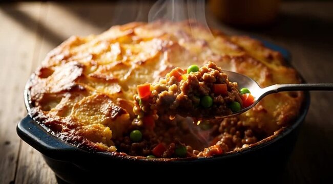 A rich, steaming Shepherd's Pie in a rustic ceramic dish, with a golden, peaked potato topping. A spoon dipping in to reveal the savory minced lamb filling