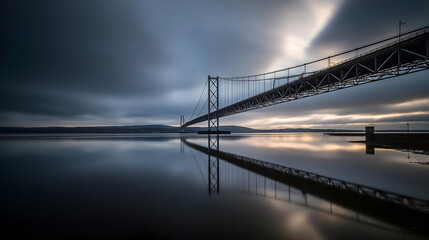 Fototapeta premium A stunning bridge at dusk, reflecting on calm water under a moody sky, capturing the serenity of architecture and nature's beauty.