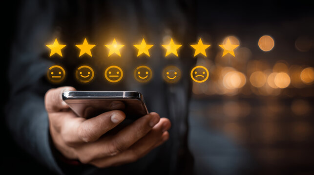 Customer experience online review five star rating feedback concept smartphone user satisfaction service quality rating scale glowing icon emotion