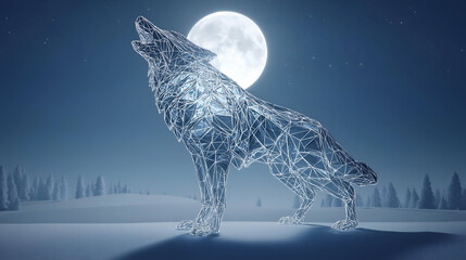 A stunning low-poly wolf silhouette howling under a full moon, surrounded by a serene winter landscape, showcasing artistry and nature.