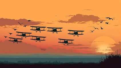 Obraz premium A stunning sunset captured with vintage aircraft flying gracefully across the horizon against a vibrant sky.