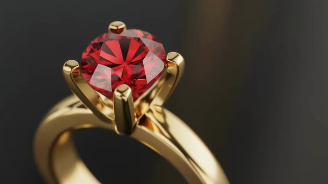 Close-up of gold ring with faceted red gemstone