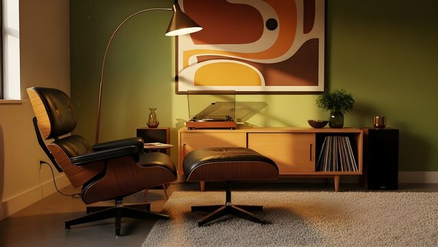 Modern Mid Century Living Room Interior with Eames Lounge Chair