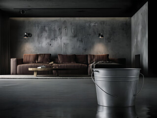 Fototapeta premium A stylish and modern living room featuring a sleek couch and a minimalist design with a silver bucket for an added touch.