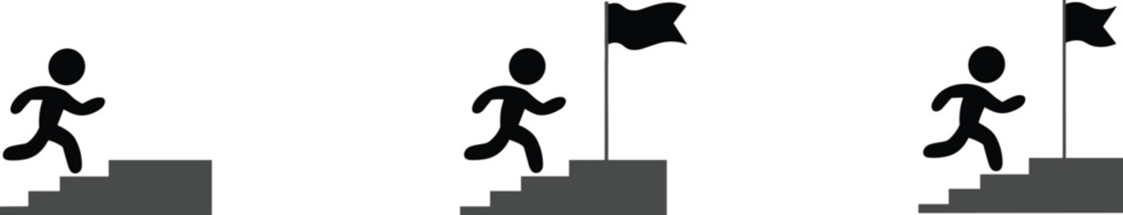 Running silhouette, ascending steps, achievement icons, progress design, flag goal, success vector, sports clipart, fitness symbol, motivation illustration, competition graphic