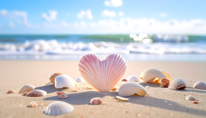 Seashells shaped into a heart on the sand with gentle waves in the background.
