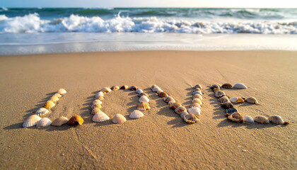 Seashells arranged to form "LOVE" across the beach sand with gentle waves.