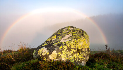 A lichen-covered stone illuminated by soft morning sun with a rainbow in the background.