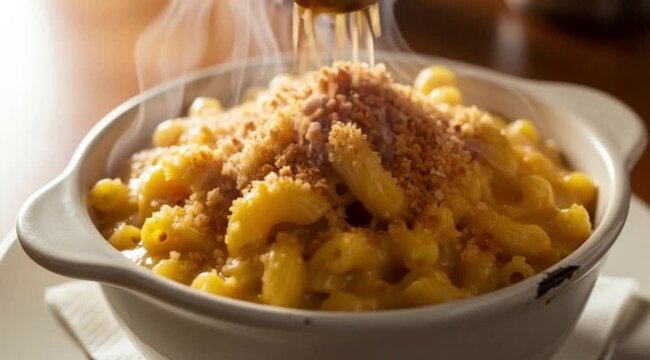 A steaming bowl of creamy macaroni and cheese, with a crispy, golden-brown breadcrumb topping, in a vintage ceramic bowl