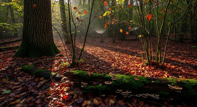 A serene forest scene with a fallen log covered in moss in autumn, sunlight filtering through trees.