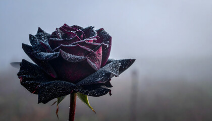 A dew-covered black rose against a misty gray backdrop, showing dark hues