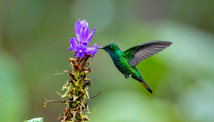 A green hummingbird sipping nectar from a rare exotic flower