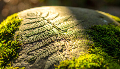 Intricate fern patterns on a mossy stone, showcasing a delicate design with natural lighting.