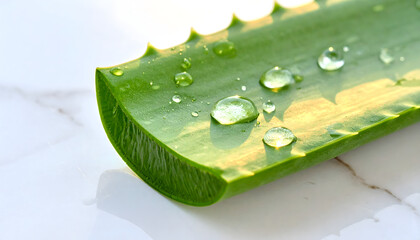 Aloe vera leaf with droplets of water, reflecting sunlight on a smooth white marble surface, highlighting purity.