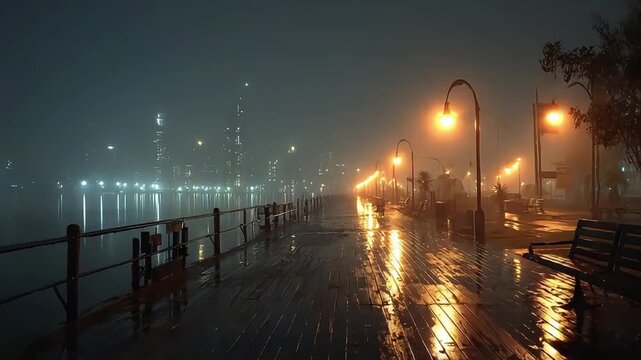 A serene rainy night scene on a boardwalk with city lights reflecting in the water, perfect for evoking calmness and introspection.