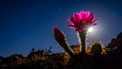 A vibrant cactus flower blooming under the night sky, illuminated by the glow of the moon.