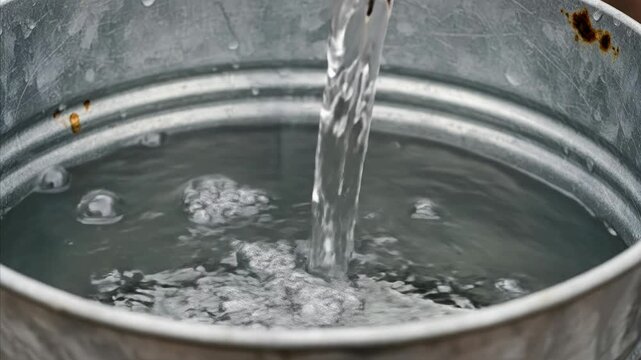 Pouring Water into Old Galvanized Metal Bucket, Close-up