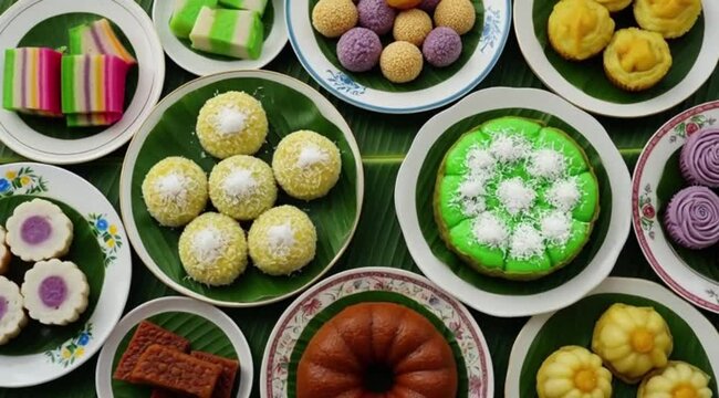 A stunning top-down shot of a variety of Kue (traditional cakes). An assortment of colorful, steamed and baked cakes like lapis legit, klepon