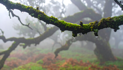 An ancient moss-covered tree branch holding droplets of fresh rain with a misty forest background.
