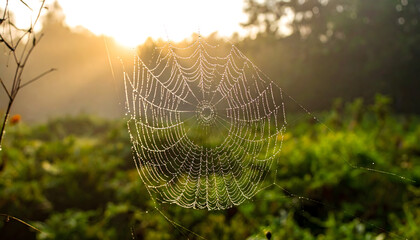 An ethereal spider web covered in morning dew, with a soft out-of-focus forest background.