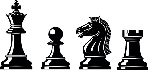 Black chess piece silhouettes king pawn knight rook strategy concept illustration isolated on white background for business leadership planning competition and intelligence © SreemotiArponaBala