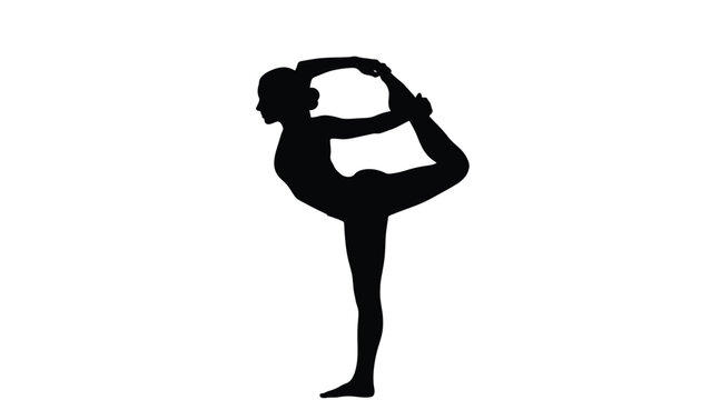 Silhouette of a female yogi performing the graceful and challenging lord of the dance yoga pose against a white background