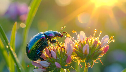 An iridescent beetle on a wildflower with sunlight