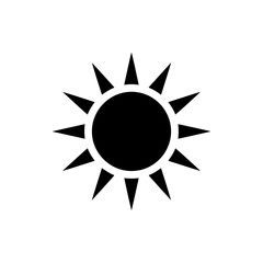 A simple black sun icon on a white background
