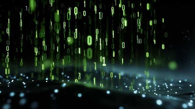 Dynamic Visualization of Binary Code Representation in a Futuristic Digital Environment, Showcasing Streams of Green Numbers Against a Dark Background