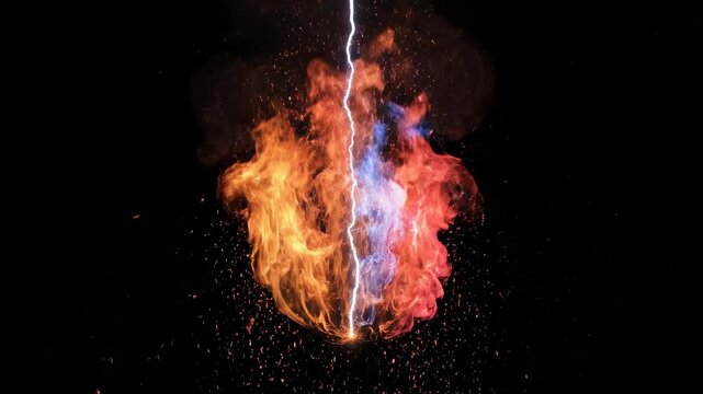 Realistic VFX Energy with Colored Fire and Electric Lightning Merging in Cinematic Motion on Black Background