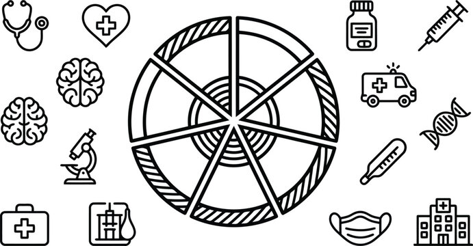 Medical icons surrounding a pacman symbol on transparent background