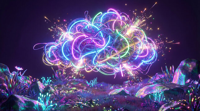 Magical Neon Cloud with Glowing Light Trails and Sparks in Fantasy Landscape &ndash; 3D Render