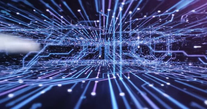 Abstract representation of digital circuitry with glowing lines and nodes, depicting technology