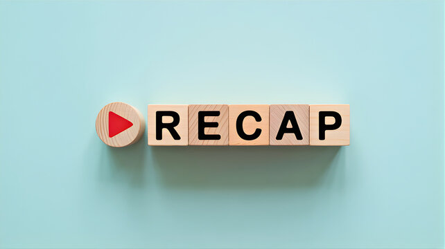 Wooden blocks forming the word RECAP with a play button on a pastel blue background, symbolizing video summary or review concept 29.jpg