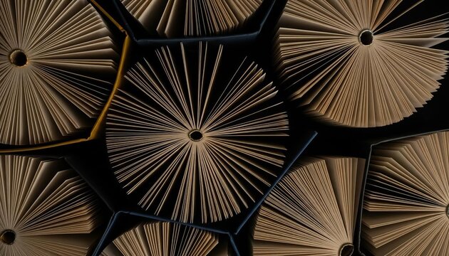 Knowledge and education represented by a captivating abstract arrangement of numerous open books and paper pages.