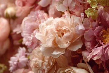 Obraz premium Soft Focus Close Up Of Delicate Pink And Peach Peonies Covered In Dew Drops Romantic Floral Arrangement