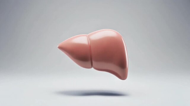 A 3D rendering of a human liver floating in mid-air, isolated on a gray background, viewed from a slight angle