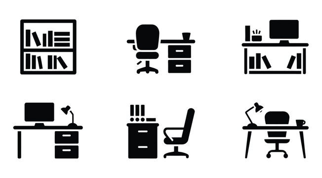 Office furniture icon set including desks, ergonomic chairs, shelves, drawers and storage cabinets for workplace interior design vector illustration.