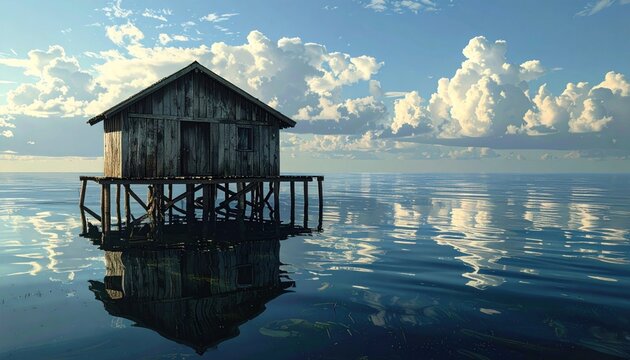Serene wooden house on calm waters.