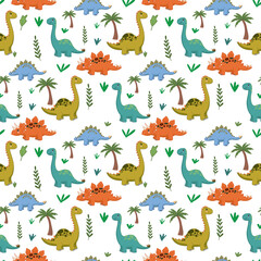 Naklejka premium Cute Dinosaur Seamless Repeat Pattern for Kids. Colorful repeating pattern with friendly dinosaurs, leaves and palm trees. Ideal for children products and textile design.