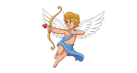 Cupid Angel Character with Bow and Heart Arrow in Flying Pose for Valentine Love Illustration, Romantic Greeting Card and Holiday Designs
