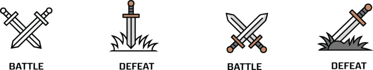 Battle defeat icons, sword graphics, conflict symbol, victory loss, weapon clipart, medieval vector, combat design, war illustration, fighting emblem, outcome graphic