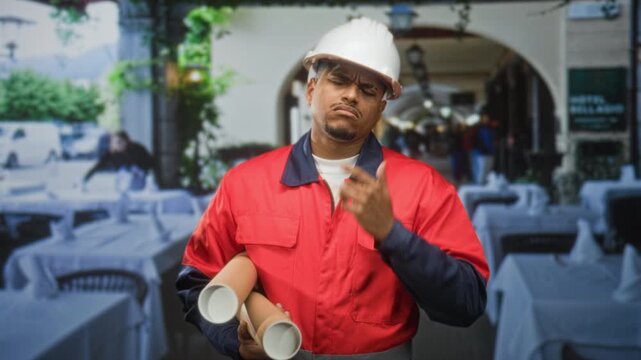 Hispanic man construction worker holding rolled blueprints, hand on chin thinking in building; contemplation planning problem solving.