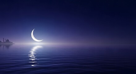 Shining crescent moon on a dark blue night sky background creating an elegant Ramadan and Islamic celebration atmosphere.